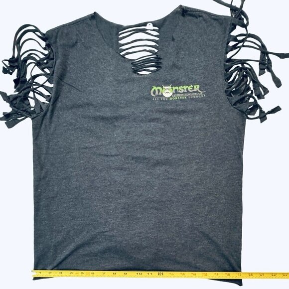 MONSTER RESERVATIONS Fabric Fringe-Cut Top Tee Large Blue/Gray Shredded Back - Picture 14 of 15